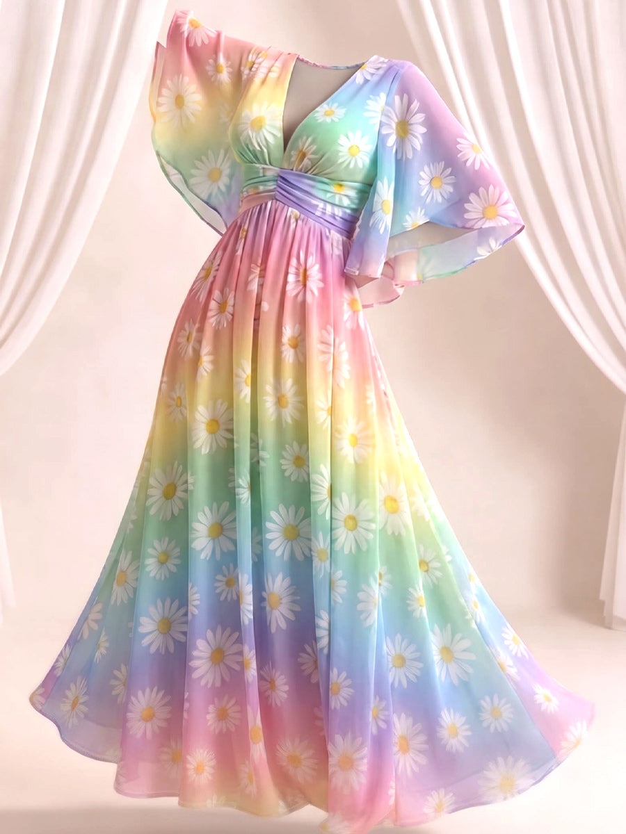 Retro Style Art Printed Elegant V-Neck Vintage Wide-Sleeved Sleeves Maxi Dress